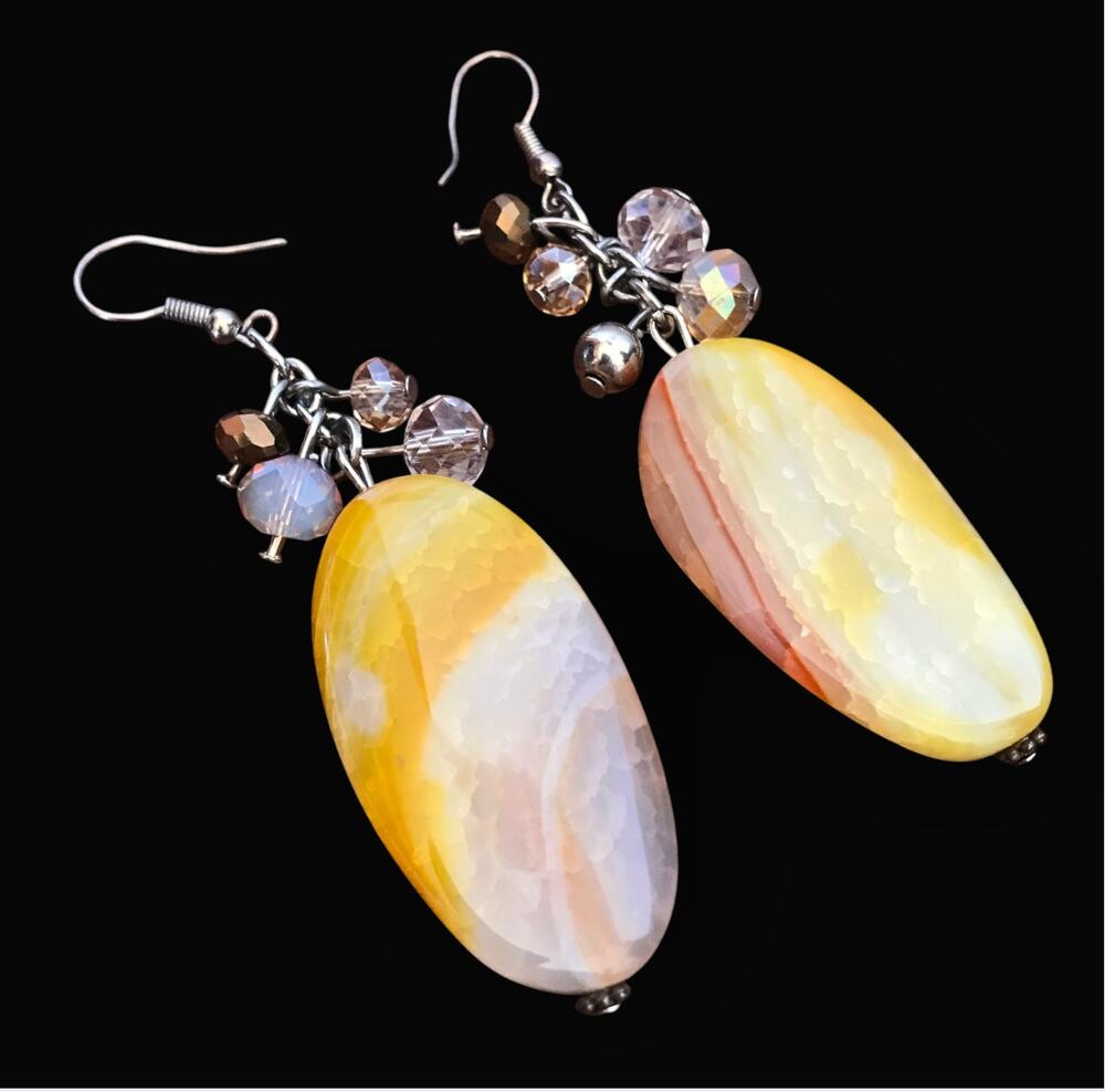 Artisan semiprecious orange / cream natural stone dangle drop earrings